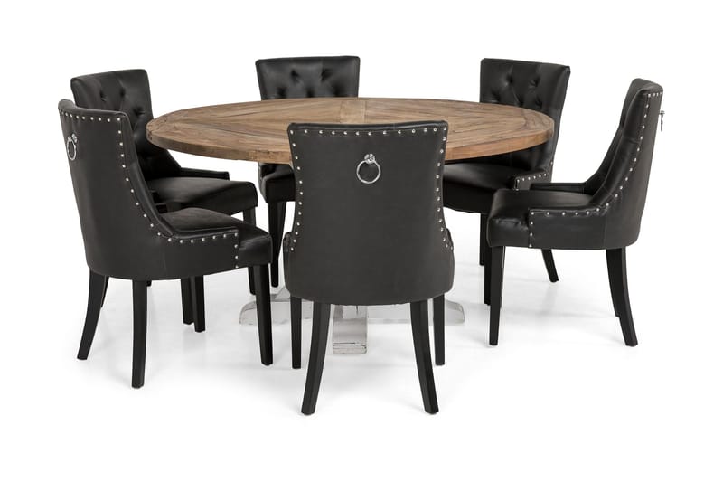 Lyon Matgrupp 150 cm Rund med 6 Tuva Fåtölj - Vintage Alm/Vit/Svart PU - Möbler - Bord & matgrupper - Matgrupper