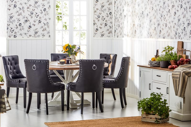 Lyon Matgrupp 150 cm Rund med 6 Tuva Fåtölj - Vintage Alm/Vit/Svart PU - Möbler - Bord & matgrupper - Matgrupper