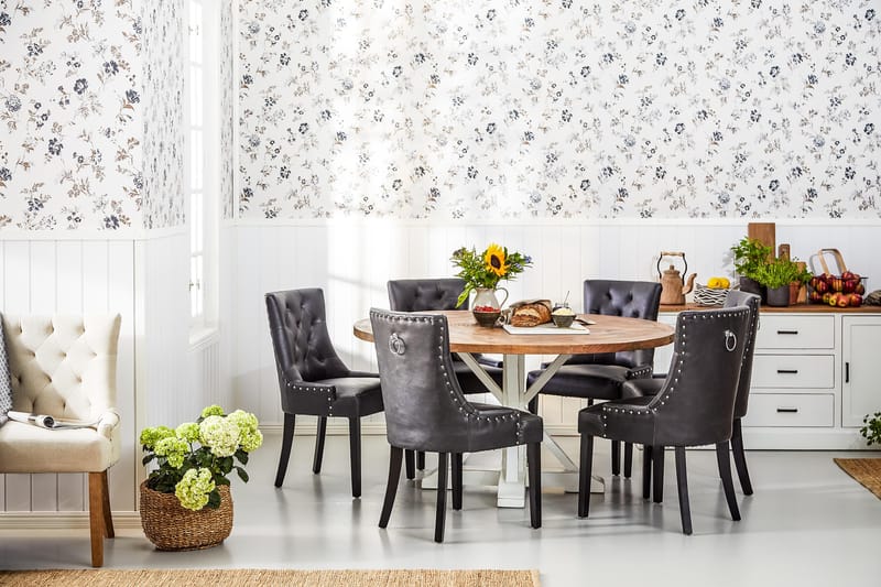 Lyon Matgrupp 150 cm Rund med 6 Tuva Fåtölj - Vintage Alm/Vit/Svart PU - Möbler - Bord & matgrupper - Matgrupper