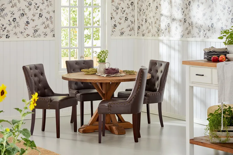 Lyon Matgrupp Rund med 4 st Tuva Fåtölj Konstläder - Trä/Mörkbrun - Möbler - Bord & matgrupper - Matgrupper