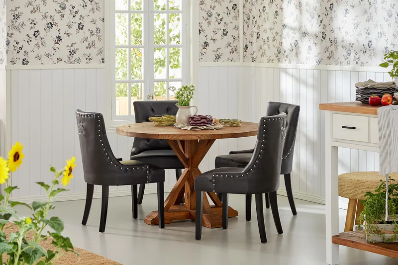 Lyon Matgrupp Rund med 4 st Tuva Fåtölj Konstläder - Trä/Svart PU - Möbler - Bord & matgrupper - Matgrupper