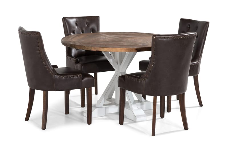 Lyon Matgrupp Rund med 4 st Tuva Fåtölj Konstläder, Trä/Vit/Svart PU