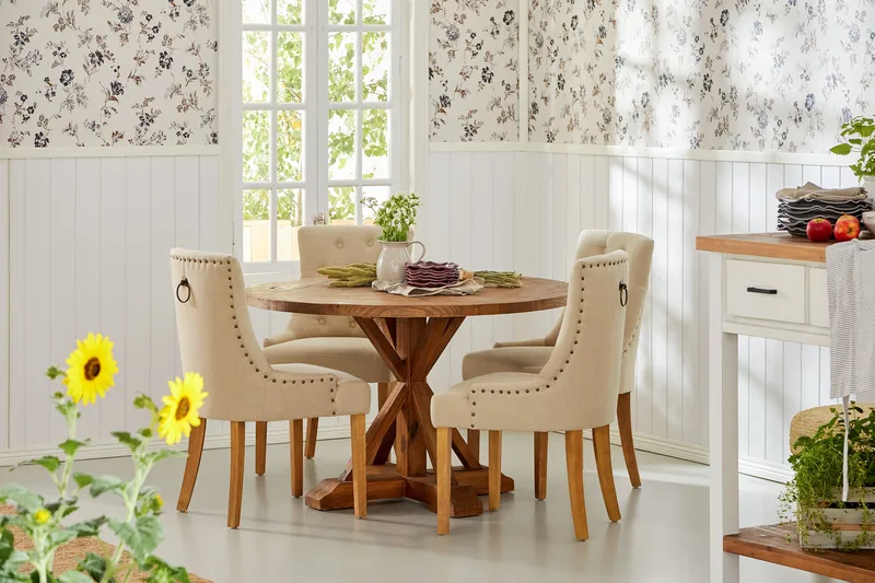 Lyon Matgrupp Rund med 4 st Viktoria Fåtölj - Trä / Beige - Möbler - Bord & matgrupper - Matgrupper