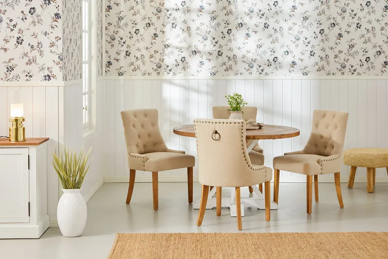 Lyon Matgrupp Rund med 4 st Viktoria Fåtölj - Trä/Vit/Beige - Möbler - Bord & matgrupper - Matgrupper