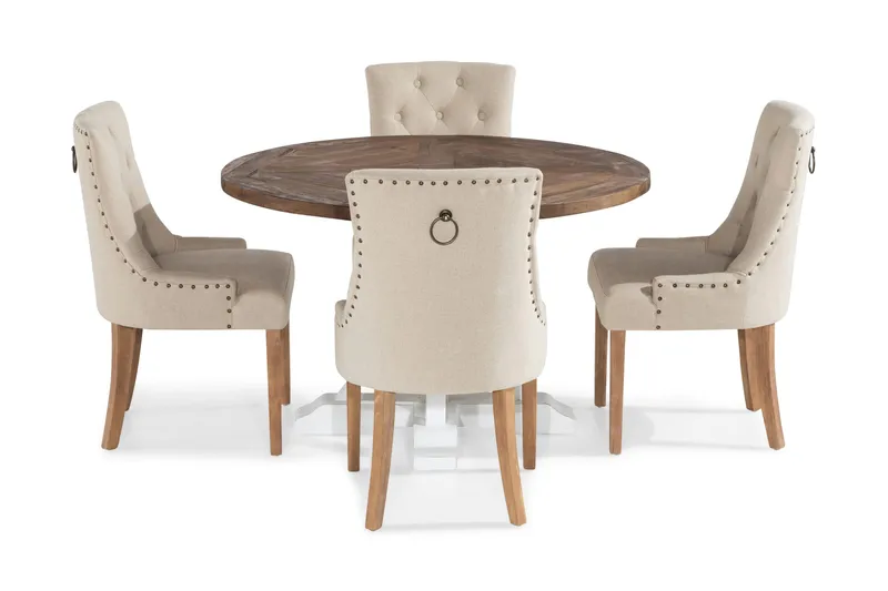 Lyon Matgrupp Rund med 4 st Viktoria Fåtölj - Trä/Vit/Beige - Möbler - Bord & matgrupper - Matgrupper