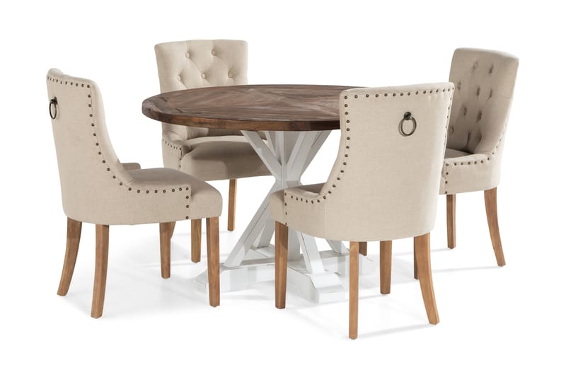 Lyon Matgrupp Rund med 4 st Viktoria Fåtölj - Trä/Vit/Beige - Möbler - Bord & matgrupper - Matgrupper