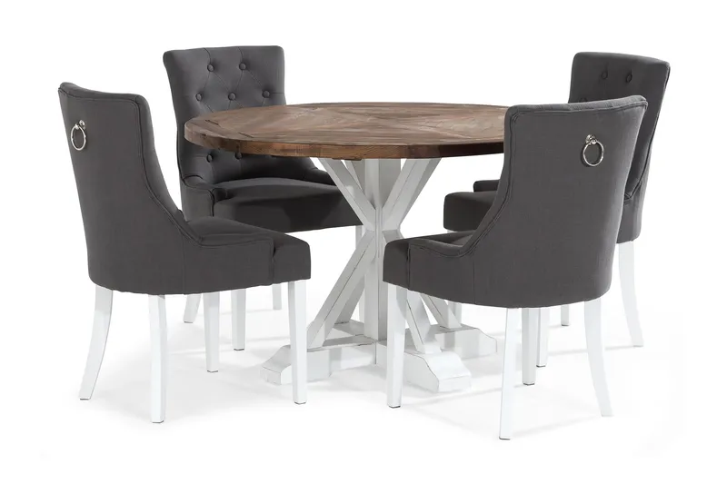 Lyon Matgrupp Rund med 4 st Viktoria Fåtölj - Trä/Vit/Grå - Möbler - Bord & matgrupper - Matgrupper