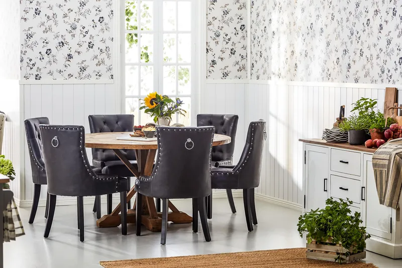 Lyon Rund Matgrupp 150 cm med 6 Tuva Stolar - Brun Vintage Alm / Svart Pu - Möbler - Bord & matgrupper - Matgrupper