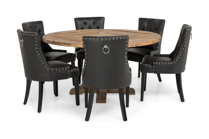 Lyon Rund Matgrupp 150 cm med 6 Tuva Stolar - Brun Vintage Alm / Svart Pu - Möbler - Bord & matgrupper - Matgrupper