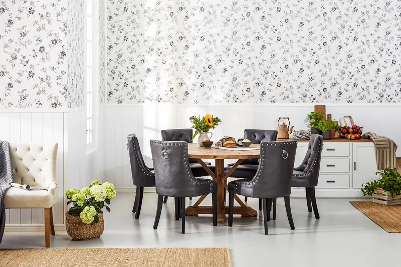 Lyon Rund Matgrupp 150 cm med 6 Tuva Stolar - Brun Vintage Alm / Svart Pu - Möbler - Bord & matgrupper - Matgrupper