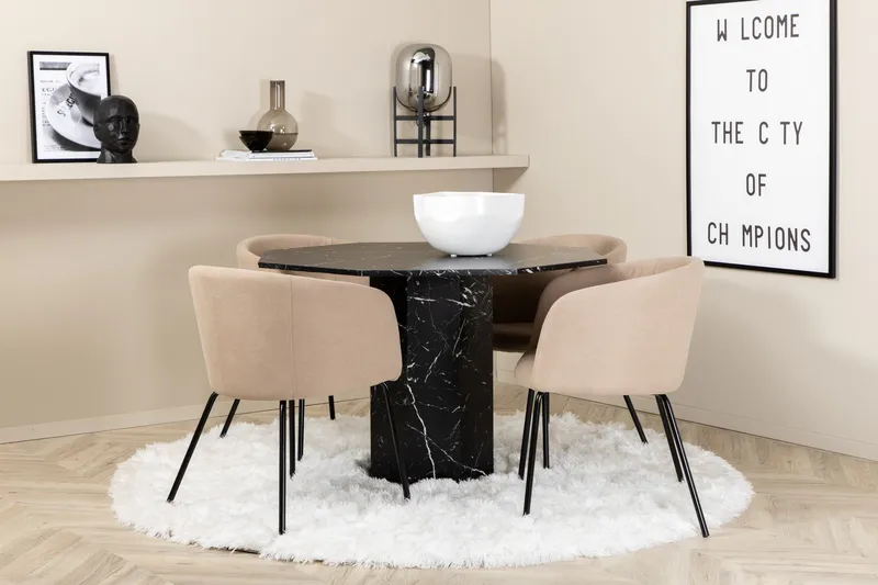 Marbs Matgrupp 110 cm Rund inkl 4 Berita Stolar, Svart/Beige