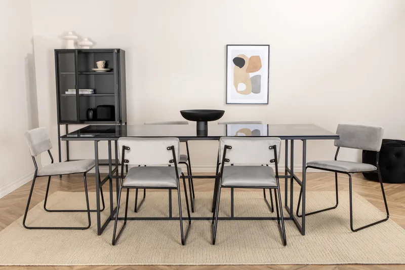 Matgrupp Leria 200 cm inkl 6 Kenth Sammetsstolar, Glas/Svart/Ljusgrå
