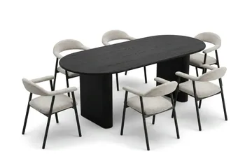 Noira Matgrupp 160-220 cm förlängningsbart i Svart med 6 Ronja Matstolar - Beige/Svart - Möbler - Bord & matgrupper - Matgrupper