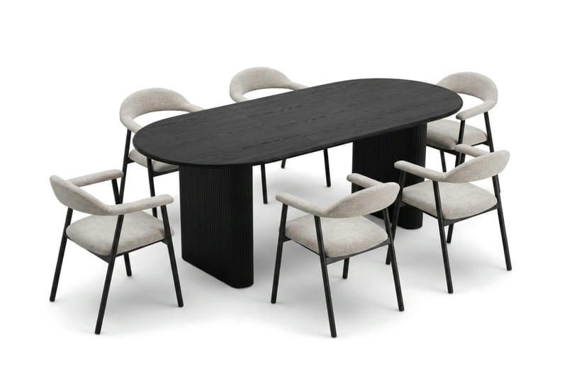Noira Matgrupp 160-220 cm förlängningsbart i Svart med 6 Ronja Matstolar - Beige/Svart - Möbler - Bord & matgrupper - Matgrupper