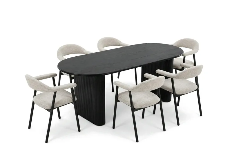 Noira Matgrupp 180 cm rektangulärt i Svart med 6 Ronja Matstolar, Beige/Svart