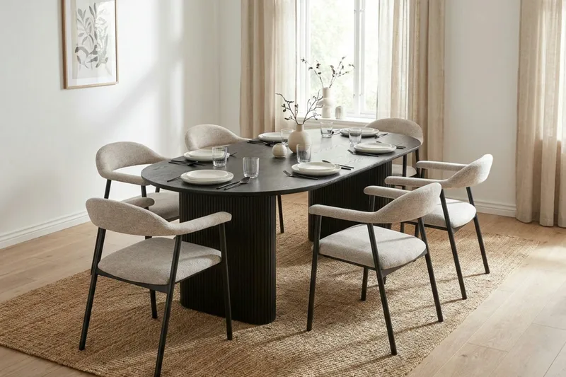 Noira Matgrupp 220-320 cm förlängningsbart i Svart med 6 Ronja Matstolar - Beige/Svart - Möbler - Bord & matgrupper - Matgrupper