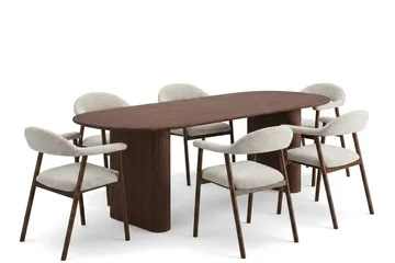 Noira Matgrupp 220-320 cm förlängningsbart i Valnöt med 6 Ronja Matstolar - Sand/Valnöt - Möbler - Bord & matgrupper - Matgrupper