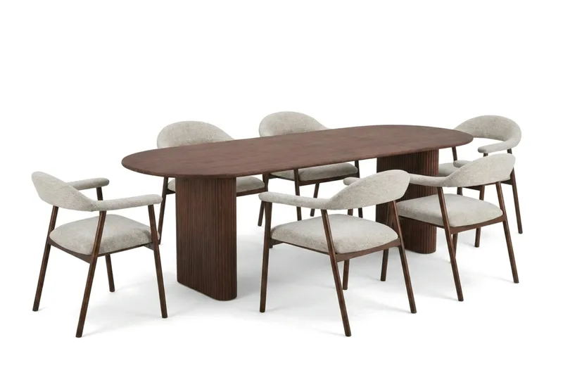 Noira Matgrupp 220-320 cm förlängningsbart i Valnöt med 6 Ronja Matstolar, Sand/Valnöt