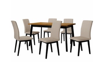 Patrickswell Rektangulär Utdragbar Matgrupp 140–180 cm – Matbord med Ekutseende och 6 Klädda Matstolar med Raka Ben - Svart|Beige|Brun - Möbler - Bord & matgrupper - Matgrupper