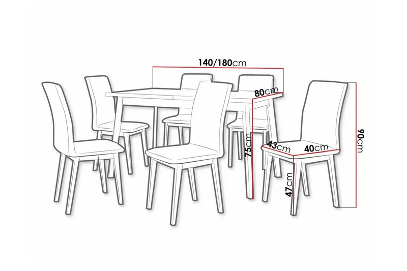 Patrickswell Rektangulär Utdragbar Matgrupp 140–180 cm – Matbord med Ekutseende och 6 Klädda Matstolar med Raka Ben - Svart|Beige|Brun - Möbler - Bord & matgrupper - Matgrupper