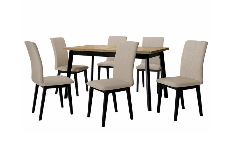 Patrickswell Rektangulär Utdragbar Matgrupp 140–180 cm – Matbord med Ekutseende och 6 Klädda Matstolar med Raka Ben, Svart|Beige|Natur