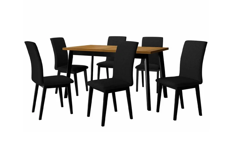 Patrickswell Rektangulär Utdragbar Matgrupp 140–180 cm – Matbord med Ekutseende och 6 Klädda Matstolar med Raka Ben, Svart|Brun