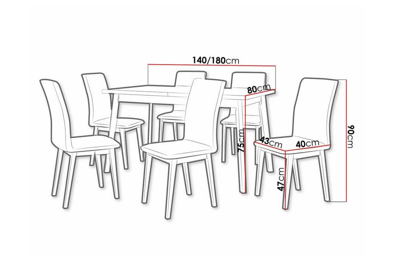 Patrickswell Rektangulär Utdragbar Matgrupp 140–180 cm – Matbord med Ekutseende och 6 Klädda Matstolar med Raka Ben - Svart|Grå|Natur - Möbler - Bord & matgrupper - Matgrupper