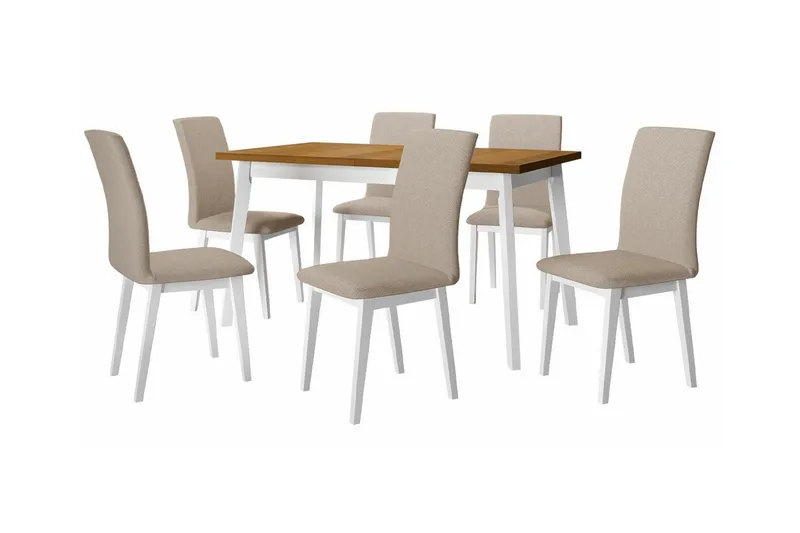 Patrickswell Rektangulär Utdragbar Matgrupp 140–180 cm – Matbord med Ekutseende och 6 Klädda Matstolar med Raka Ben, Vit|Beige|Brun
