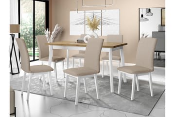 Patrickswell Rektangulär Utdragbar Matgrupp 140–180 cm – Matbord med Ekutseende och 6 Klädda Matstolar med Raka Ben - Vit|Beige|Natur - Möbler - Bord & matgrupper - Matgrupper