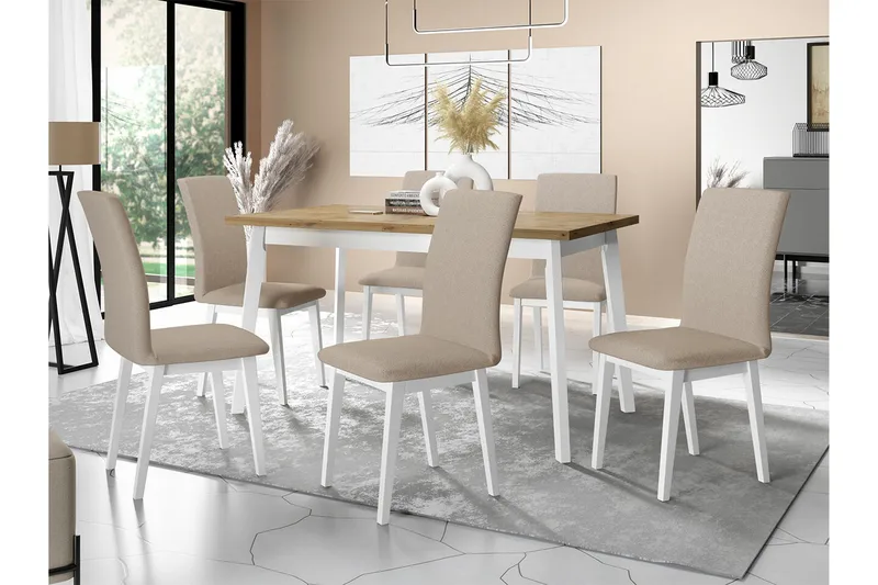 Patrickswell Rektangulär Utdragbar Matgrupp 140–180 cm – Matbord med Ekutseende och 6 Klädda Matstolar med Raka Ben - Vit|Beige|Natur - Möbler - Bord & matgrupper - Matgrupper
