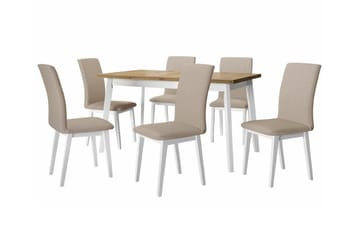 Patrickswell Rektangulär Utdragbar Matgrupp 140–180 cm – Matbord med Ekutseende och 6 Klädda Matstolar med Raka Ben - Vit|Beige|Natur - Möbler - Bord & matgrupper - Matgrupper