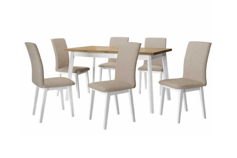Patrickswell Rektangulär Utdragbar Matgrupp 140–180 cm – Matbord med Ekutseende och 6 Klädda Matstolar med Raka Ben, Vit|Beige|Natur