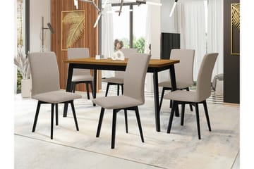Patrickswell Rektangulär Utdragbar Matgrupp 140–180 cm – Matbord med Ekutseende och 6 Klädda Matstolar med Vinklade Ben - Svart|Beige|Brun - Möbler - Bord & matgrupper - Matgrupper