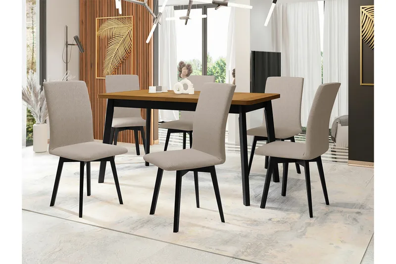 Patrickswell Rektangulär Utdragbar Matgrupp 140–180 cm – Matbord med Ekutseende och 6 Klädda Matstolar med Vinklade Ben - Svart|Beige|Brun - Möbler - Bord & matgrupper - Matgrupper