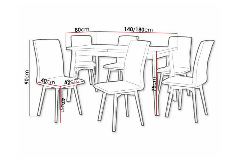 Patrickswell Rektangulär Utdragbar Matgrupp 140–180 cm – Matbord med Ekutseende och 6 Klädda Matstolar med Vinklade Ben - Svart|Beige|Brun - Möbler - Bord & matgrupper - Matgrupper