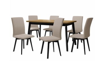 Patrickswell Rektangulär Utdragbar Matgrupp 140–180 cm – Matbord med Ekutseende och 6 Klädda Matstolar med Vinklade Ben - Svart|Beige|Ljusbrun - Möbler - Bord & matgrupper - Matgrupper