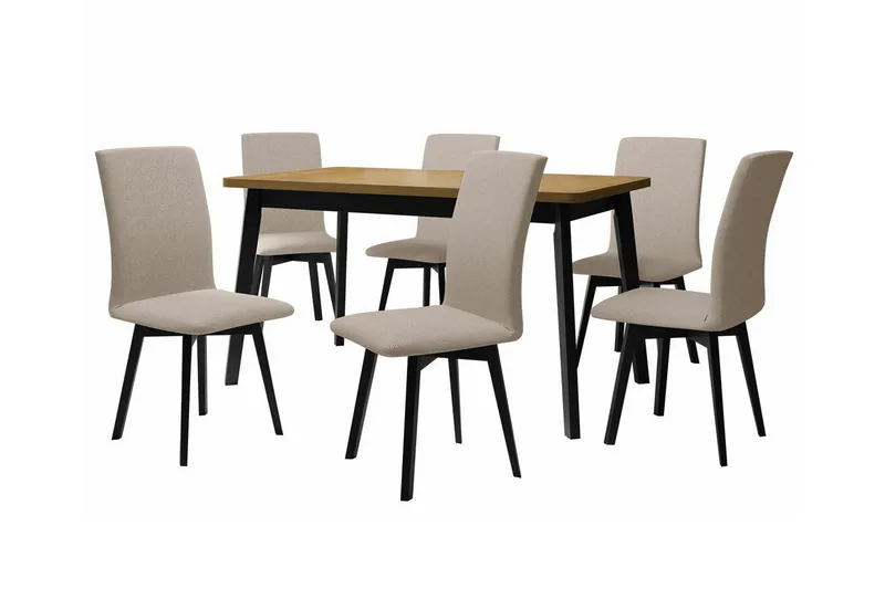 Patrickswell Rektangulär Utdragbar Matgrupp 140–180 cm – Matbord med Ekutseende och 6 Klädda Matstolar med Vinklade Ben, Svart|Beige|Ljusbrun