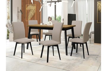 Patrickswell Rektangulär Utdragbar Matgrupp 140–180 cm – Matbord med Ekutseende och 6 Klädda Matstolar med Vinklade Ben - Svart|Beige|Ljusbrun - Möbler - Bord & matgrupper - Matgrupper