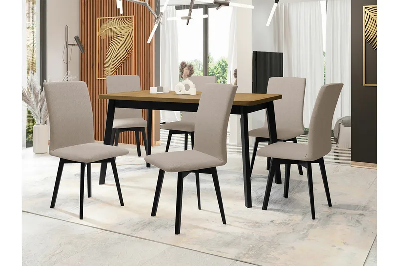 Patrickswell Rektangulär Utdragbar Matgrupp 140–180 cm – Matbord med Ekutseende och 6 Klädda Matstolar med Vinklade Ben - Svart|Beige|Ljusbrun - Möbler - Bord & matgrupper - Matgrupper