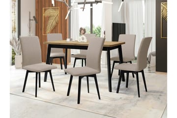 Patrickswell Rektangulär Utdragbar Matgrupp 140–180 cm – Matbord med Ekutseende och 6 Klädda Matstolar med Vinklade Ben - Svart|Beige|Natur - Möbler - Bord & matgrupper - Matgrupper