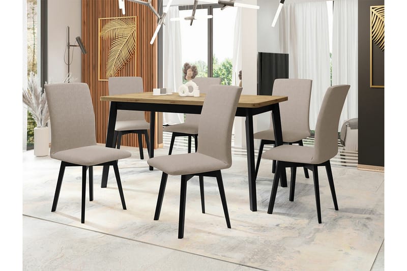 Patrickswell Rektangulär Utdragbar Matgrupp 140–180 cm – Matbord med Ekutseende och 6 Klädda Matstolar med Vinklade Ben - Svart|Beige|Natur - Möbler - Bord & matgrupper - Matgrupper