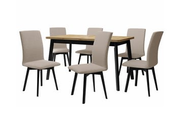 Patrickswell Rektangulär Utdragbar Matgrupp 140–180 cm – Matbord med Ekutseende och 6 Klädda Matstolar med Vinklade Ben - Svart|Beige|Natur - Möbler - Bord & matgrupper - Matgrupper