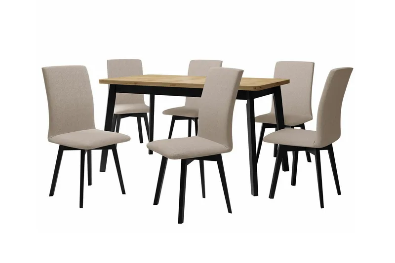 Patrickswell Rektangulär Utdragbar Matgrupp 140–180 cm – Matbord med Ekutseende och 6 Klädda Matstolar med Vinklade Ben, Svart|Beige|Natur