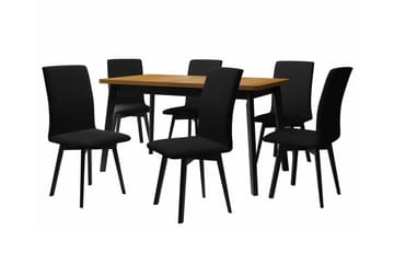 Patrickswell Rektangulär Utdragbar Matgrupp 140–180 cm – Matbord med Ekutseende och 6 Klädda Matstolar med Vinklade Ben - Svart|Brun - Möbler - Bord & matgrupper - Matgrupper