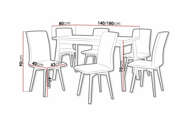 Patrickswell Rektangulär Utdragbar Matgrupp 140–180 cm – Matbord med Ekutseende och 6 Klädda Matstolar med Vinklade Ben - Svart|Grå|Brun - Möbler - Bord & matgrupper - Matgrupper