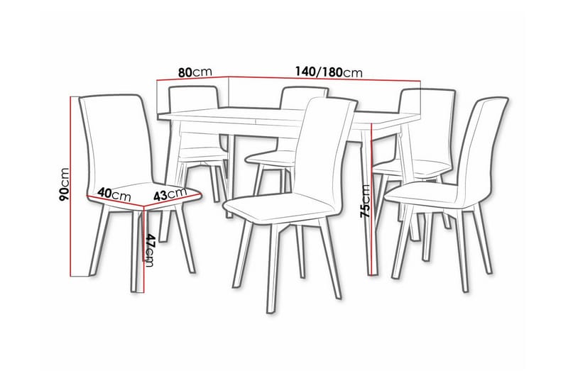 Patrickswell Rektangulär Utdragbar Matgrupp 140–180 cm – Matbord med Ekutseende och 6 Klädda Matstolar med Vinklade Ben - Svart|Gråbrun|Natur - Möbler - Bord & matgrupper - Matgrupper