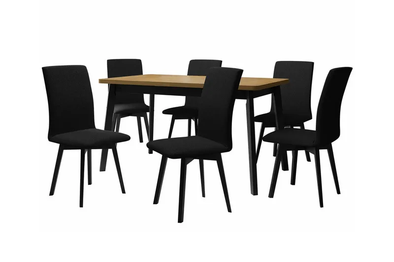 Patrickswell Rektangulär Utdragbar Matgrupp 140–180 cm – Matbord med Ekutseende och 6 Klädda Matstolar med Vinklade Ben, Svart|Ljusbrun