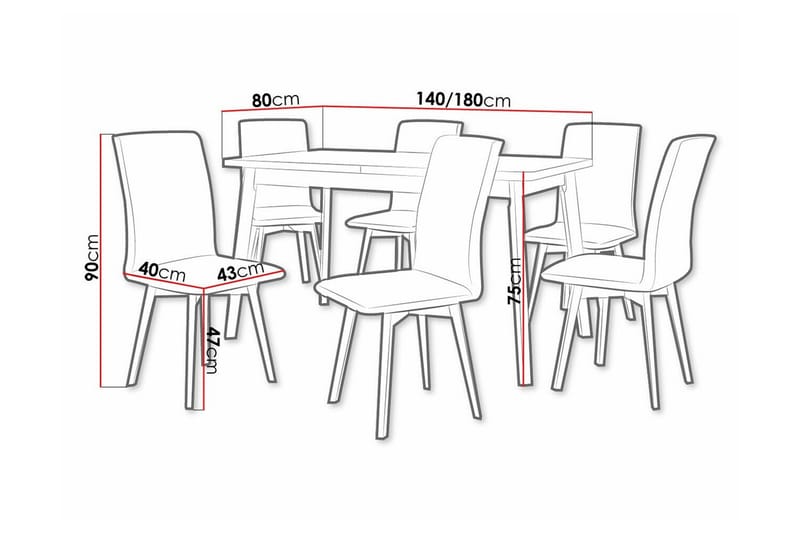 Patrickswell Rektangulär Utdragbar Matgrupp 140–180 cm – Matbord med Ekutseende och 6 Klädda Matstolar med Vinklade Ben - Svart|Mörkbrun|Brun - Möbler - Bord & matgrupper - Matgrupper