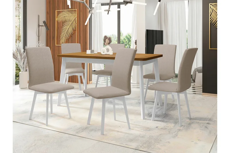 Patrickswell Rektangulär Utdragbar Matgrupp 140–180 cm – Matbord med Ekutseende och 6 Klädda Matstolar med Vinklade Ben - Vit|Beige|Brun - Möbler - Bord & matgrupper - Matgrupper