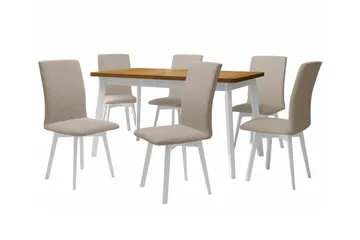 Patrickswell Rektangulär Utdragbar Matgrupp 140–180 cm – Matbord med Ekutseende och 6 Klädda Matstolar med Vinklade Ben - Vit|Beige|Brun - Möbler - Bord & matgrupper - Matgrupper